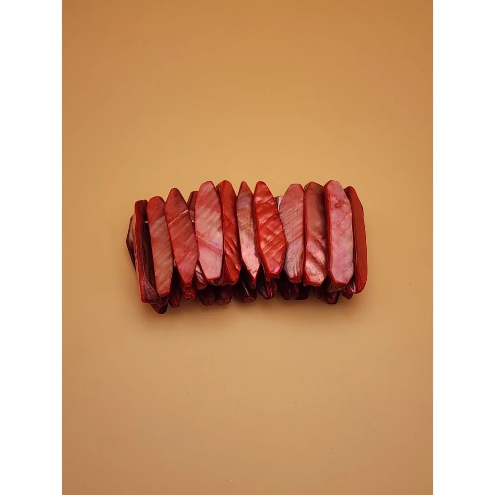 Vtg Gorgeous Red Pink Natural Abolone Shell Wide Stretchy Bracelet FREE $HIPPING